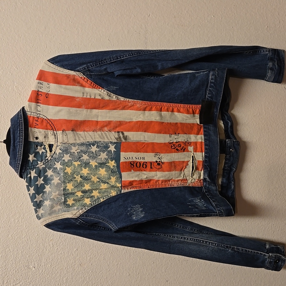 Converse All Star American Flag Denim Jacket Distressed Cropped Juniors Fit, Med